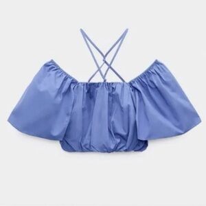 Zara Blue Ruched Ruffled Puff Crop Top